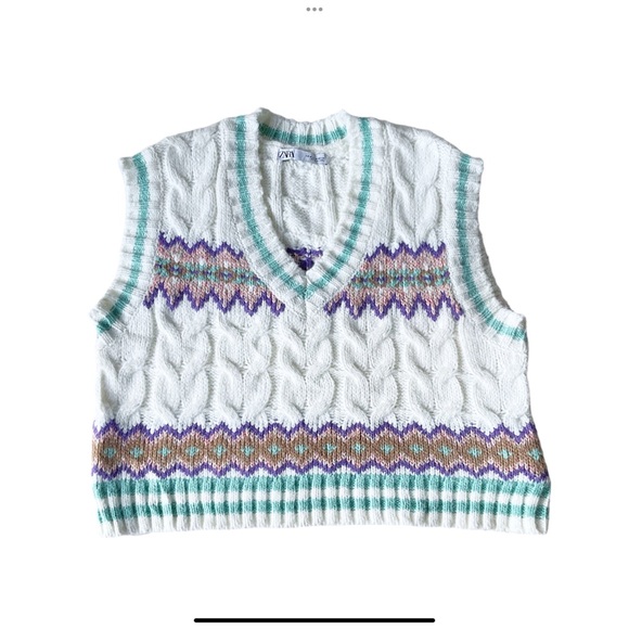 Zara Cable Knit Fair Isle Print Sweater Vest Size M - Picture 3 of 9